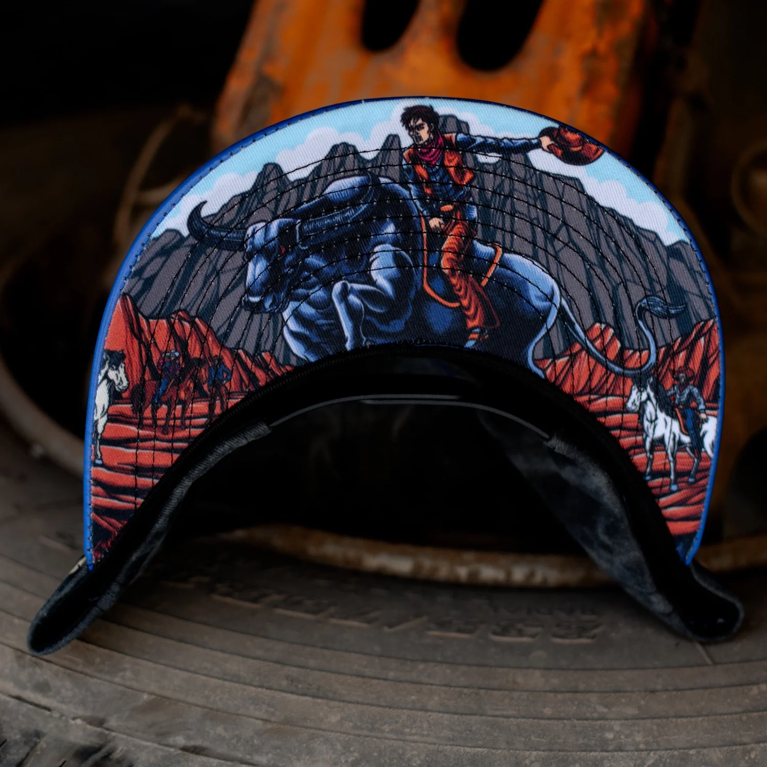 Bull Rodeo Snapback - Dark Grey Washed Fabric & Blue Faux Leather - Image 10