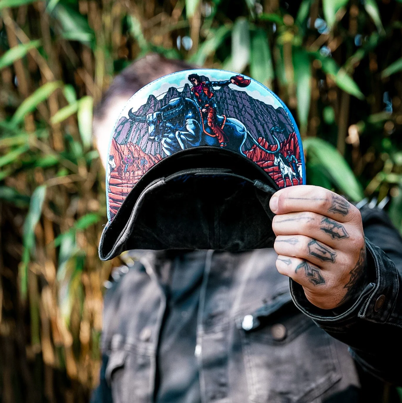 Bull Rodeo Snapback - Dark Grey Washed Fabric & Blue Faux Leather - Image 11
