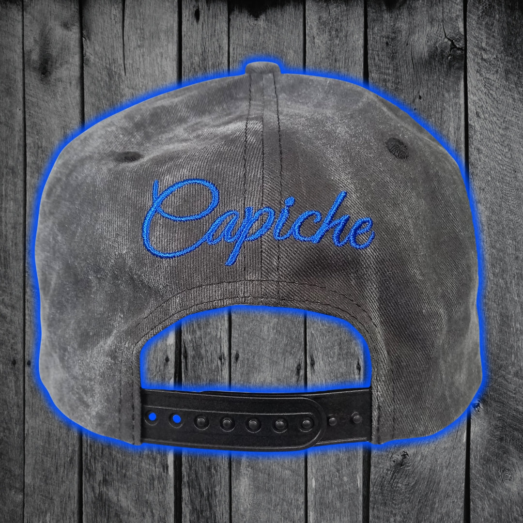 Bull Rodeo Snapback - Dark Grey Washed Fabric & Blue Faux Leather - Image 14