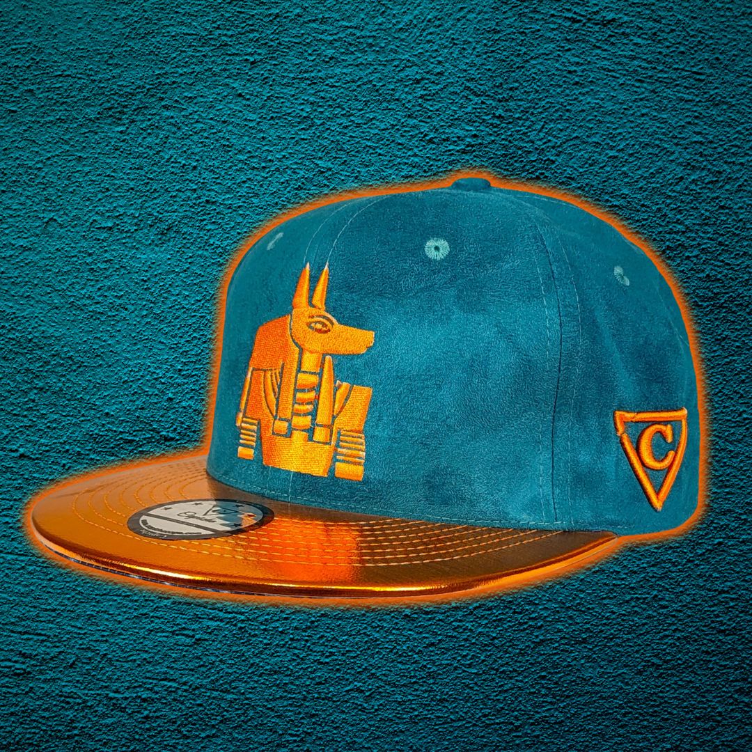 Robot Anubis 2.0 Snapback - Teal Blue Suede/Orange Crackling Metallic - Image 6