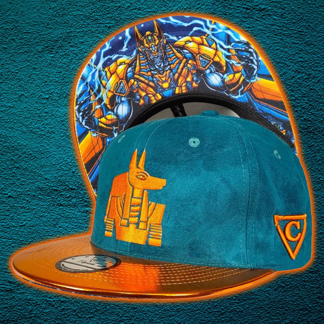 Robot Anubis 2.0 Snapback - Teal Blue Suede/Orange Crackling Metallic - Image 9