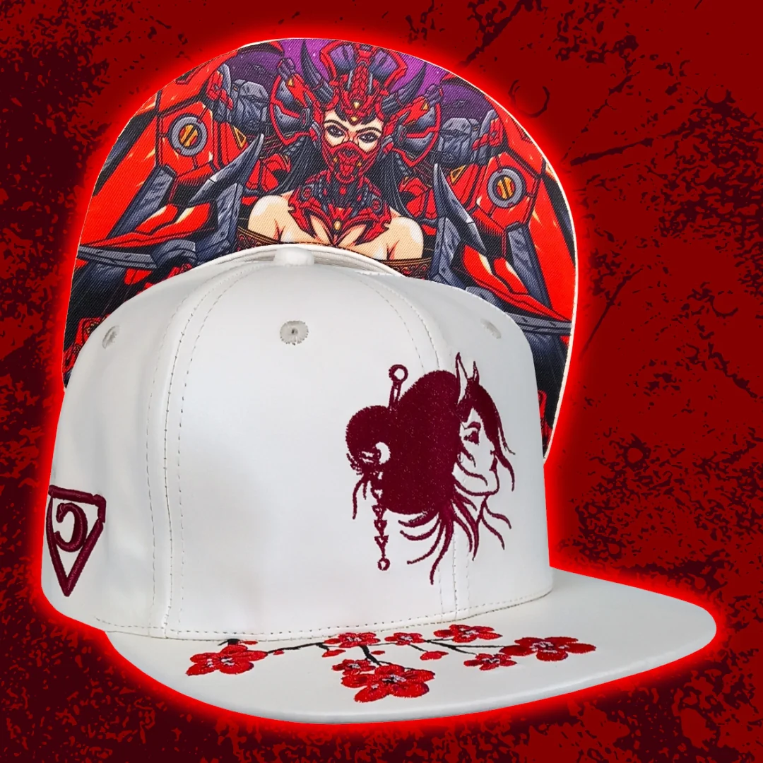 Robot Geisha Snapback - White Artificial Leather/Red Cherry Blossom - Image 17