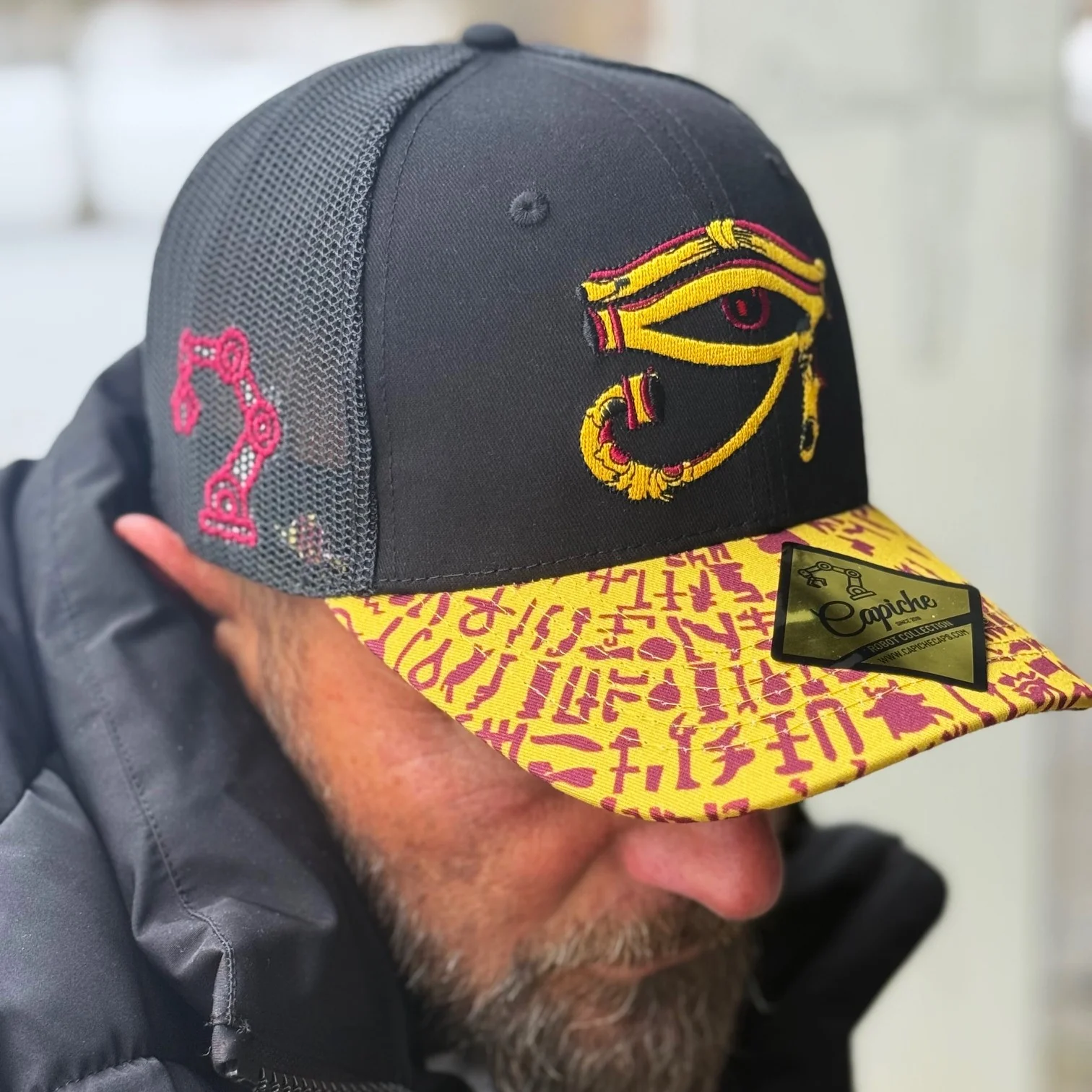 Robot Horus Trucker Cap - Black/Yellow Egyptian Pattern - Image 5