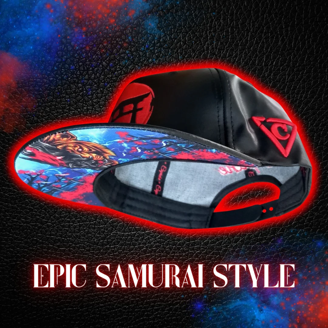 Tiger Samurai Snapback - Black Artificial Leather & Red Brim Embroidery - Image 6